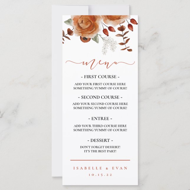 Fall Watercolor Floral Wedding Dinner Menu (Front)