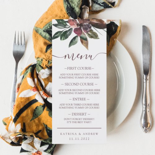 Fall Watercolor Floral Wedding Dinner Menu