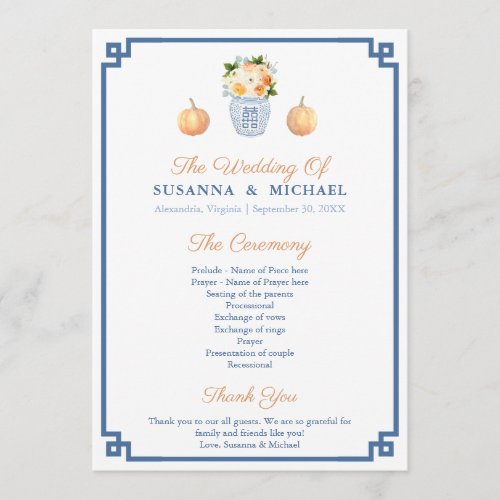 Fall Watercolor Florals And Pumpkins Wedding  Program