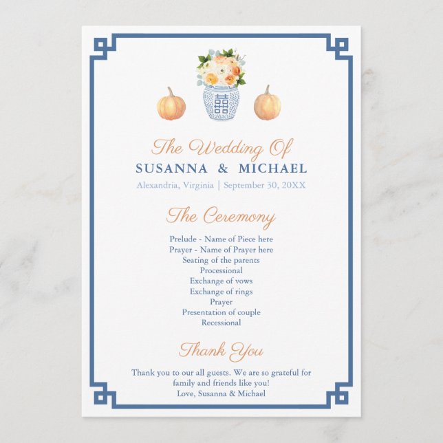Fall Watercolor Florals And Pumpkins Wedding  Program (Front)