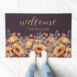 Fall Watercolor Flowers-Welcome-Purple- Doormat