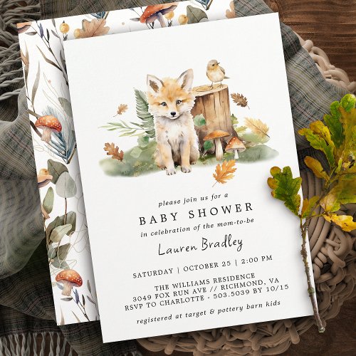 Fall Watercolor Fox  Woodland Autumn Baby Shower Invitation