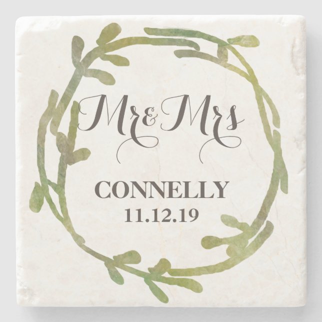 Fall Watercolor Green Leaves Wedding Stone Coaster (Front)