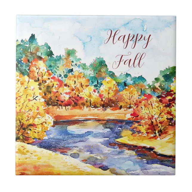 Fall watercolor landscape with customizable text  ceramic tile (Front)
