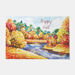 Fall watercolor landscape with customizable text doormat