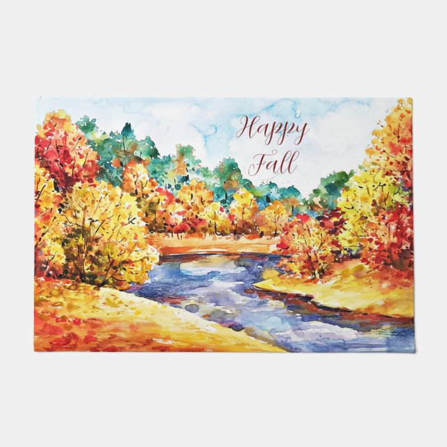 Fall watercolor landscape with customizable text  doormat (Front)