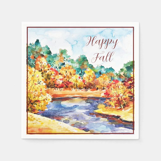 Fall watercolor landscape with customizable text  napkins (Front)