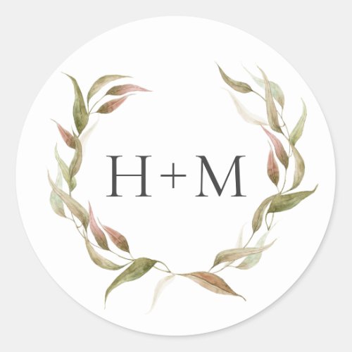 Fall Watercolor Laurel Wreath Monogram Wedding Classic Round Sticker