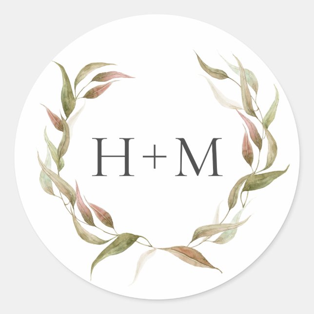 Fall Watercolor Laurel Wreath Monogram Wedding Classic Round Sticker (Front)