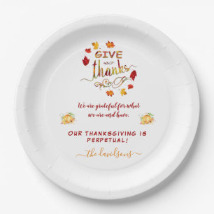 Fall Watercolor Leaves Give Thanks Monogram Paper Plates