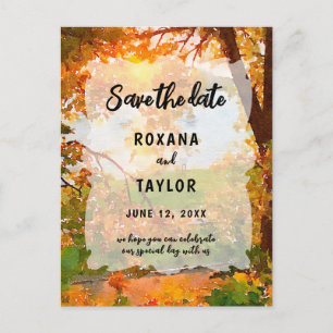 Fall Watercolor Leaves Wedding Save the Date Postcard