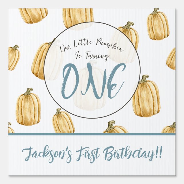 Fall Watercolor Little Pumpkin Boy Birthday Party  Sign (Front)