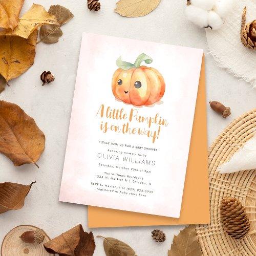 Fall Watercolor Little Pumpkin Girl Baby Shower Invitation