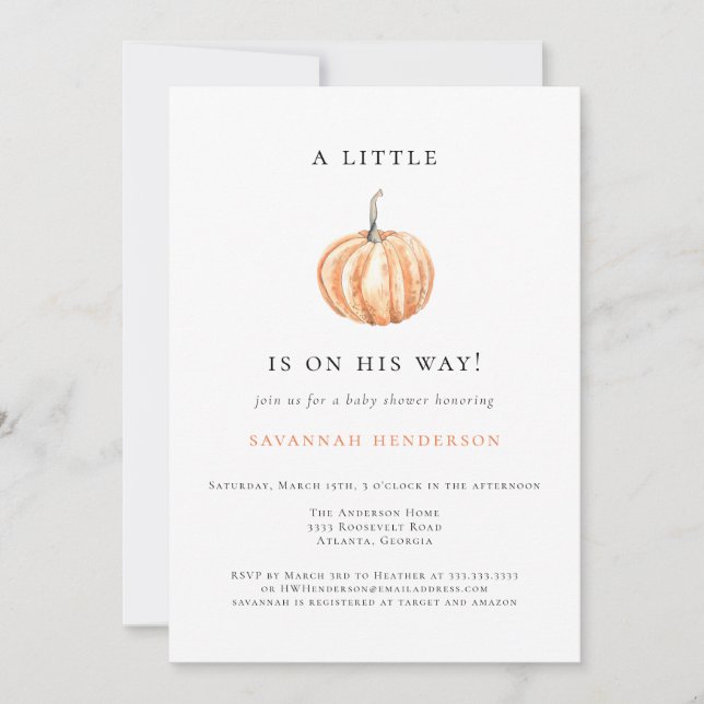 Fall Watercolor Little Pumpkin Orange Baby Shower Invitation (Front)