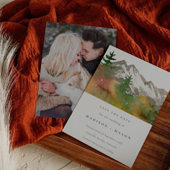 Fall Watercolor Mountains Pine Trees Photo  Save The Date (Creator Uploaded)