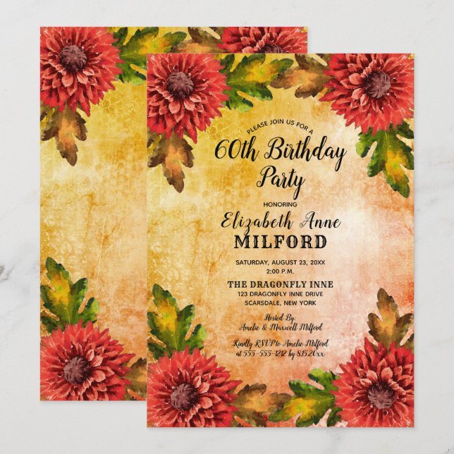Fall Watercolor Mums Floral 60th Birthday Party Invitation (Front/Back)