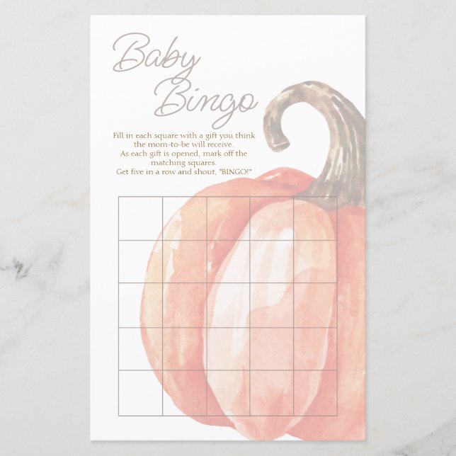 Fall Watercolor Orange Pumpkin Baby Shower Bingo  (Front)