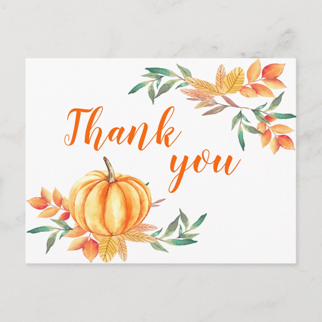 Fall Watercolor Orange Pumpkin Leaves Thank You Postcard | Zazzle