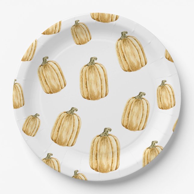 Fall Watercolor Orange Pumpkin Party Paper Plates (Front)