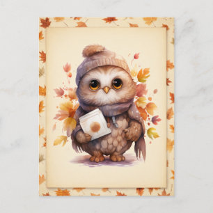 Fall Watercolor Owl - Fallen leaves Frame - Postcard