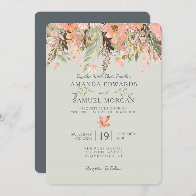 Fall Watercolor Peach and Green Wedding Invitation (Front/Back)