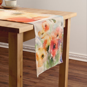 Fall watercolor poppies short table runner