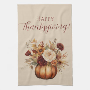 Fall Watercolor Pumpkin and Flowers- Kitchen Towel