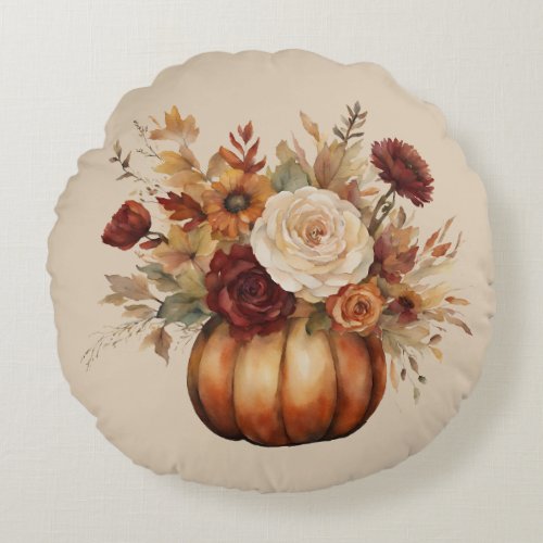 Fall Watercolor Pumpkin and Flowers_ Round Pillow