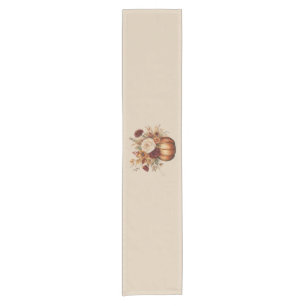 Fall-Watercolor Pumpkin and Flowers- Short Table Runner