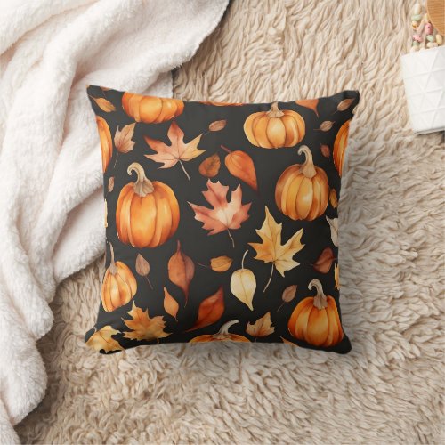 Fall watercolor pumpkin autumn leaves throw pillow
