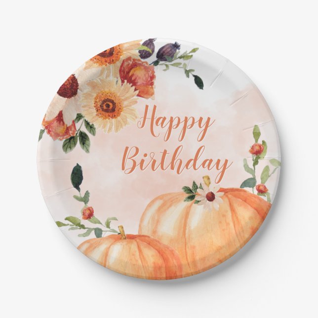 Fall Watercolor Pumpkin Birthday Paper Plates (Front)