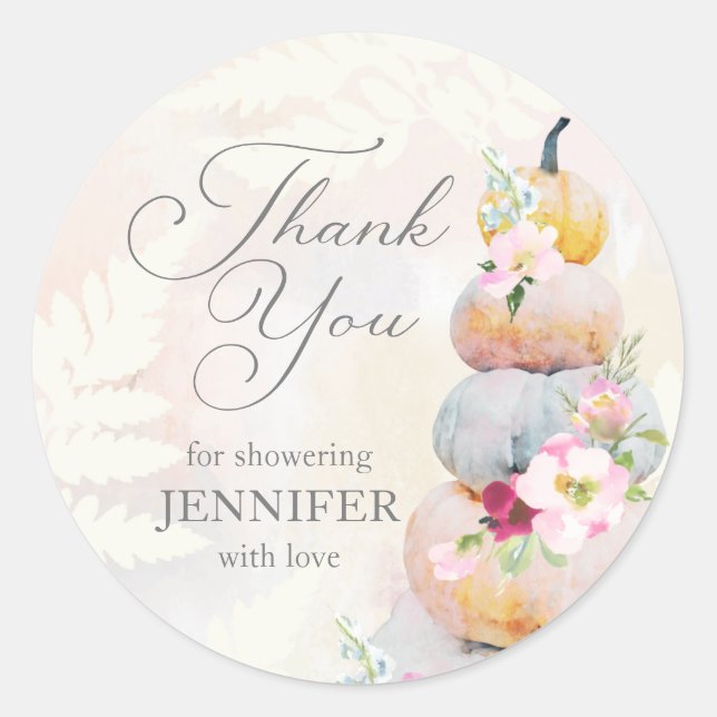 Fall Watercolor Pumpkin Bridal Shower Thank you Classic Round Sticker (Front)