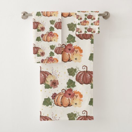 Fall Watercolor Pumpkin Floral Bath Towel Set