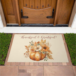 Fall Watercolor Pumpkin Floral Design- Doormat