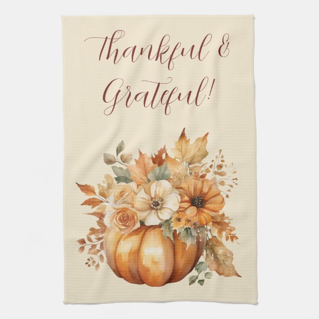 Fall Watercolor Pumpkin Floral Design- Kitchen Towel (Vertical)
