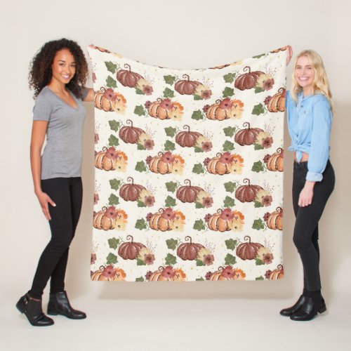 Fall Watercolor Pumpkin Floral Fleece Blanket