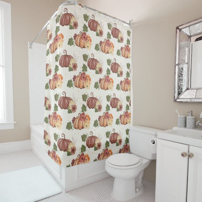 Fall Watercolor Pumpkin Floral Shower Curtain (In Situ)
