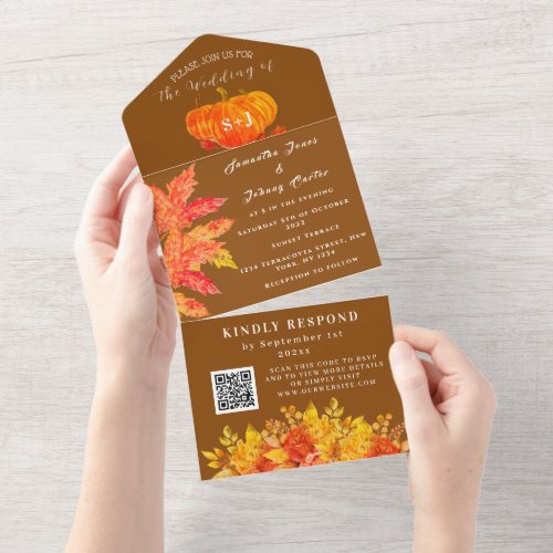 Fall Watercolor Pumpkin Floral Wedding RSVP All In One Invitation