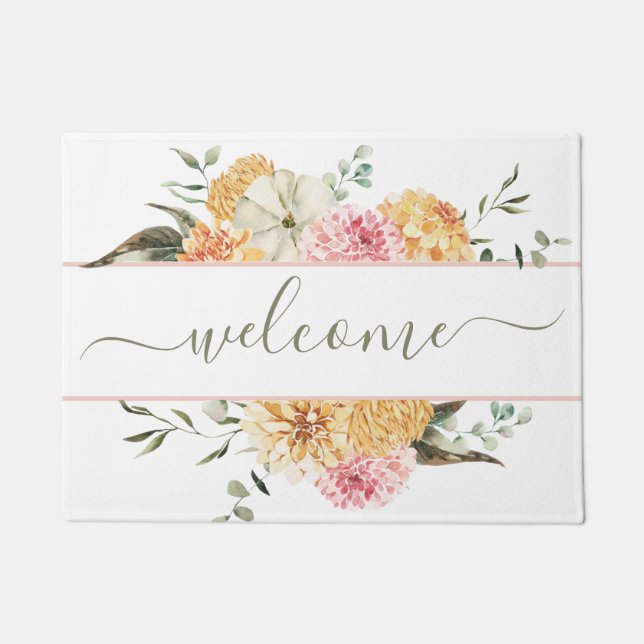 Fall Watercolor Pumpkin Floral Welcome Script Doormat (Front)