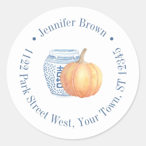 Fall Watercolor Pumpkin Ginger Jar Return Address Classic Round Sticker