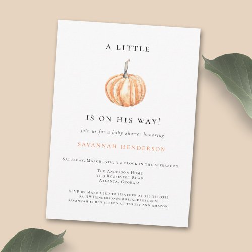 Fall Watercolor Pumpkin Orange Baby Shower Invitation