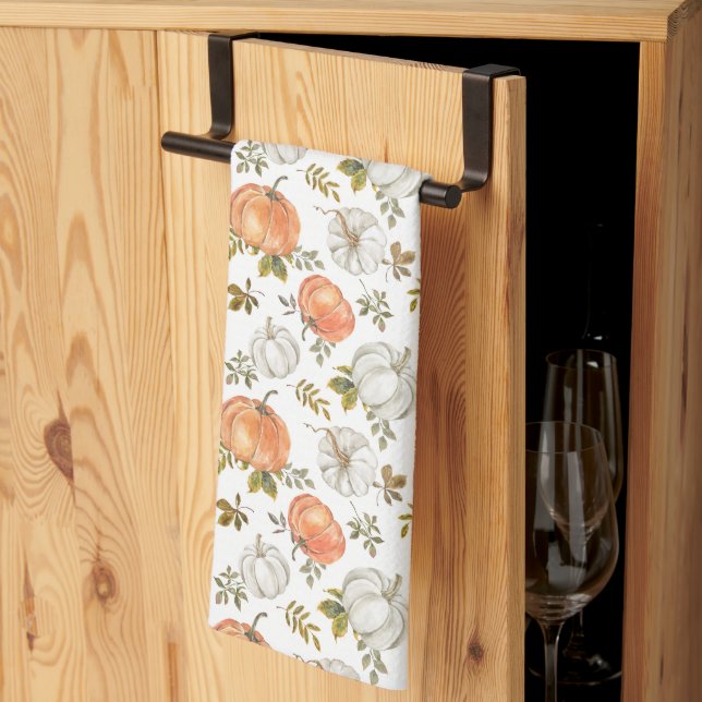 Fall Watercolor Pumpkin Pattern Kitchen Towel (Thirds Fold)