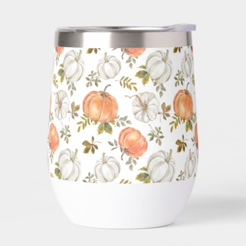 Fall Watercolor Pumpkin Pattern Thermal Wine Tumbler