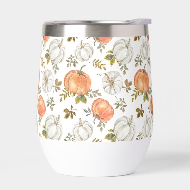 Fall Watercolor Pumpkin Pattern Thermal Wine Tumbler (Left)