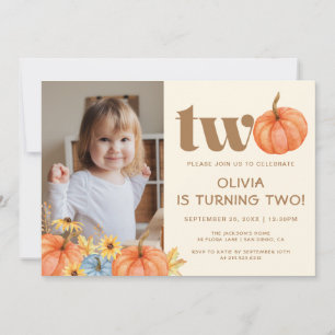 Fall Watercolor Pumpkin Photo 2nd Birthday Invitation