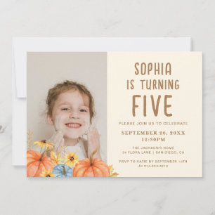 Fall Watercolor Pumpkin Photo Kids Birthday Invitation