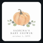 Fall Watercolor Pumpkin Square Sticker<br><div class="desc">This design features a watercolor pumpkin on a bed of eucalyptus leaves and your shower details alongside of it. This cute watercolor pumpkin sticker is a great addition to your fall events especially those guests gifts - it is a perfect complement to our A Little Pumpkin is on the Way...</div>