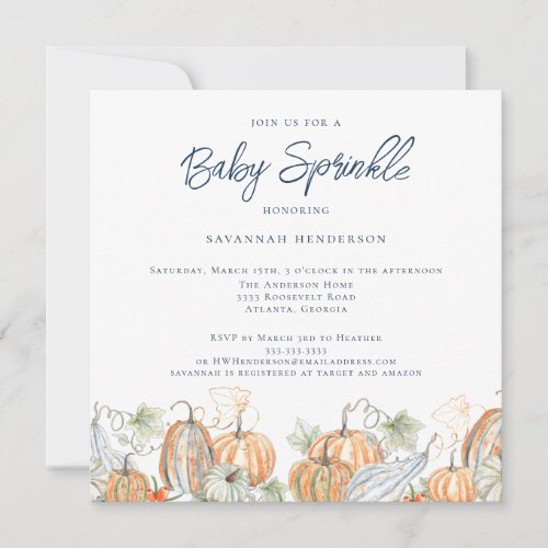 Fall Watercolor Pumpkins Blue Baby Sprinkle Invitation