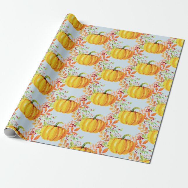 Fall Watercolor Pumpkins Blue Wrapping Paper (Unrolled)