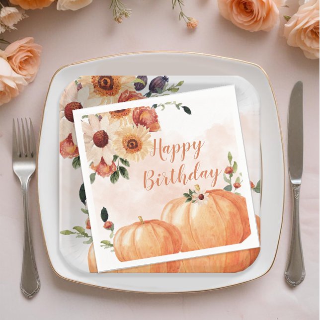 Fall Watercolor Pumpkins Floral Birthday Napkins (Fall Floral Birthday Party Napkins)